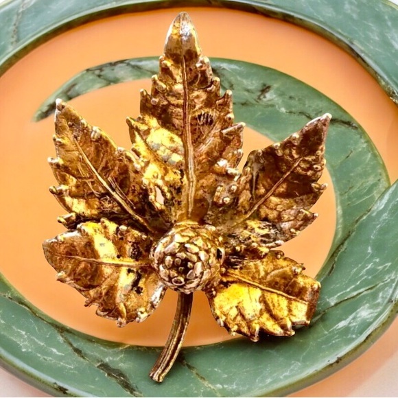 Flora Danica Eggert Denmark Vintage Leaf Pin Brooch Sterling Encrusted with 24K - Picture 1 of 12